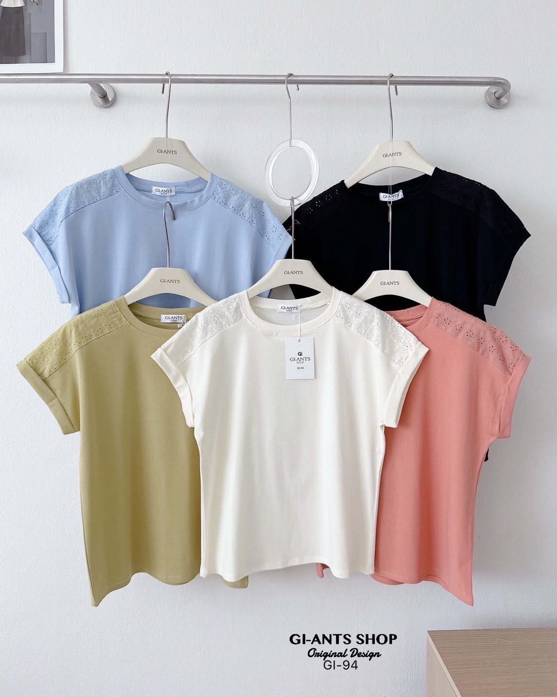 A105  🌈 Chic Lace Shoulder Cotton Tee 🌈