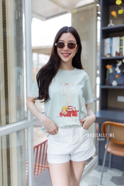 A19 🎀 Lace Trimmed Round Neck T-Shirt – Cotton Supreme Softness