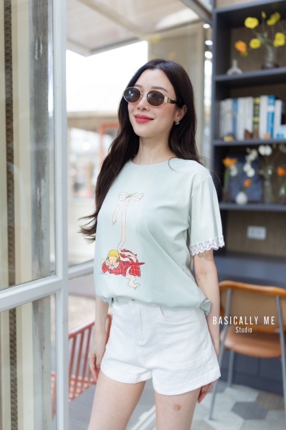 A19 🎀 Lace Trimmed Round Neck T-Shirt – Cotton Supreme Softness