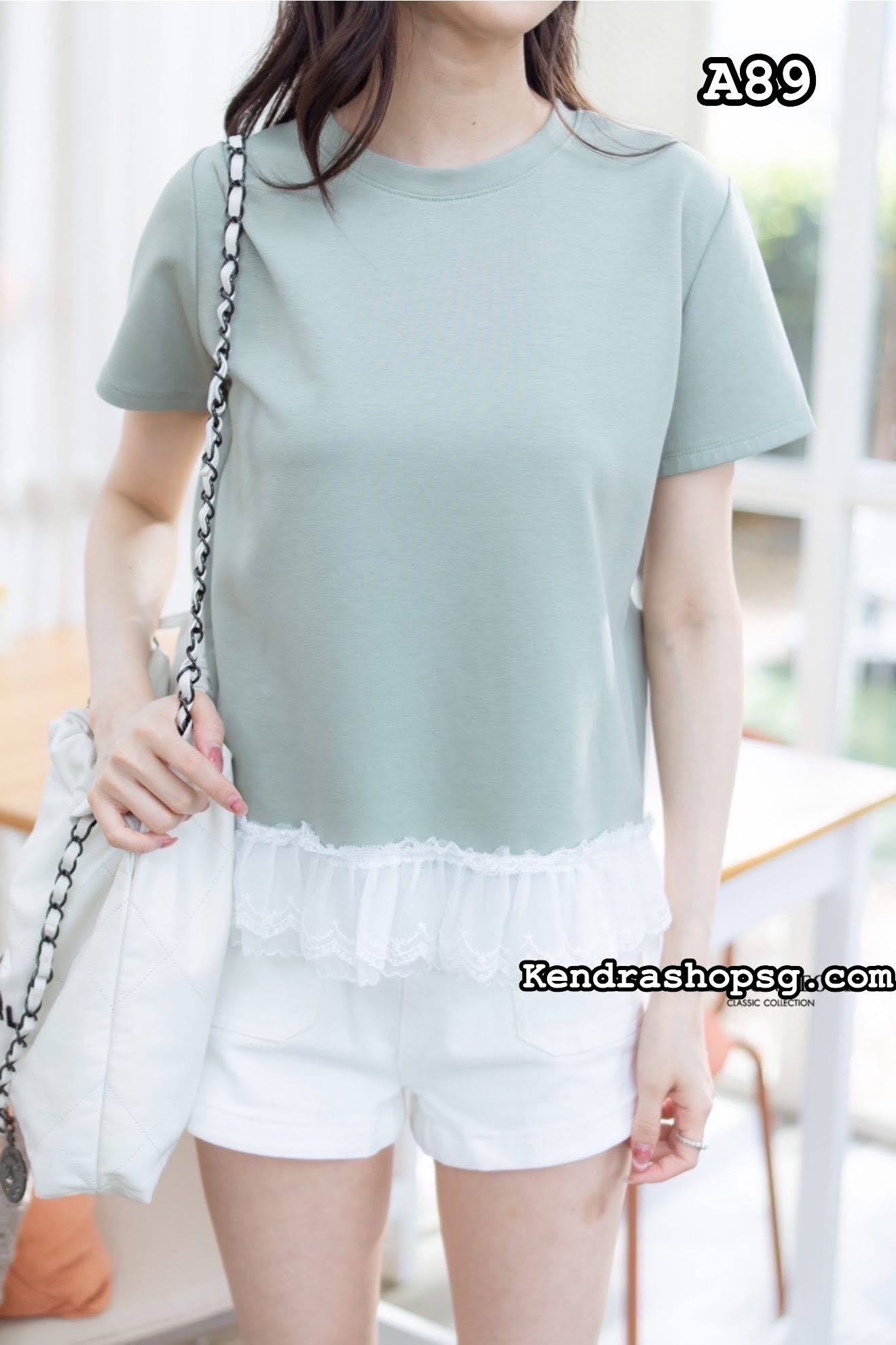 A89🌸 WalRound Neck Short Sleeve Shirt with Lace Hem 🌸