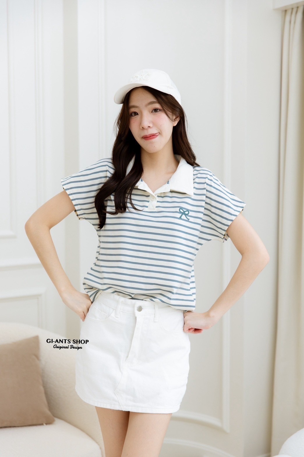 A99 🎀 Stripe Bow collar  Shirt 