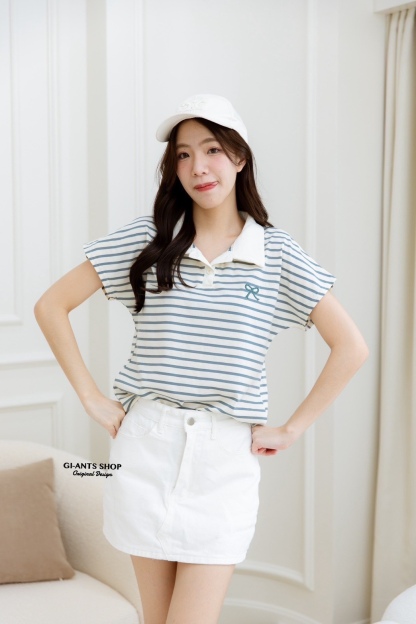 A99 🎀 Stripe Bow collar  Shirt 