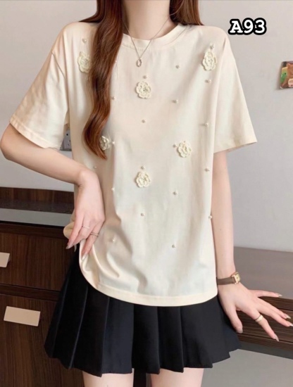 A93 ✨ Round Neck Short Sleeve T-Shirt with Pearl & Flower Details ✨