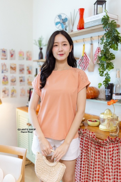 A105  🌈 Chic Lace Shoulder Cotton Tee 🌈