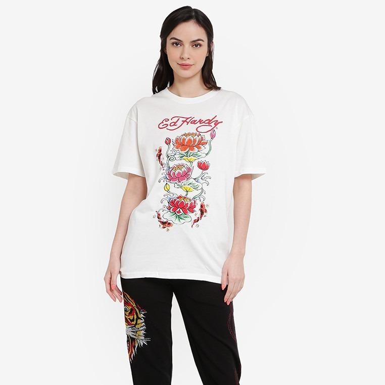 Ed Hardy Lotus & Koi Rhinestone Embroidered Tee