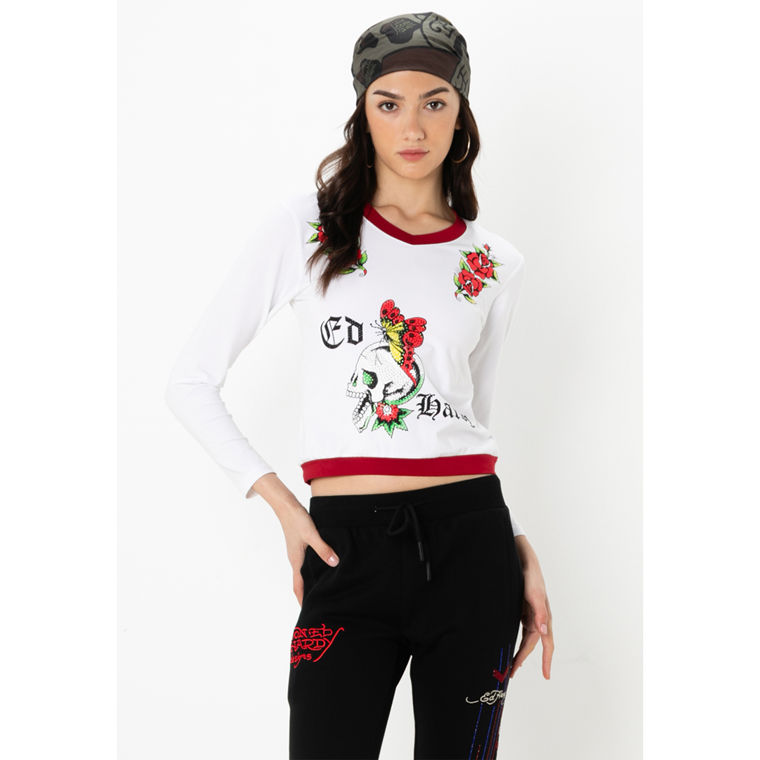 Butterfly Skull Long Sleeve Cropped Tee