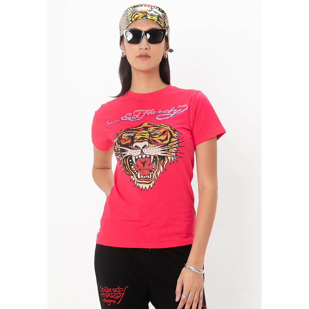 Premium Pink Tiger Short Sleeve Tee - Women-Ed Hardy Asia