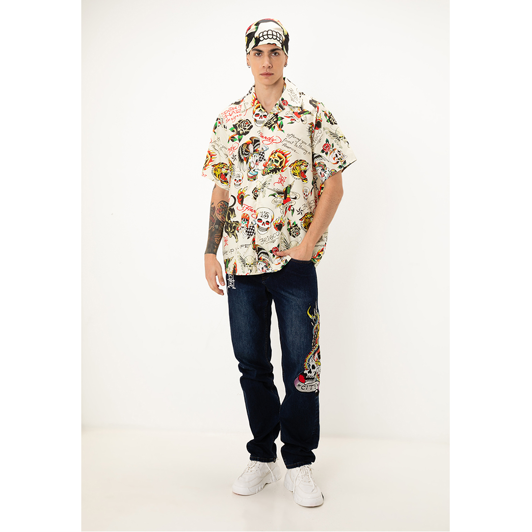Signature Tattoos Full-Print Men Oversized Shirt-Ed Hardy Asia
