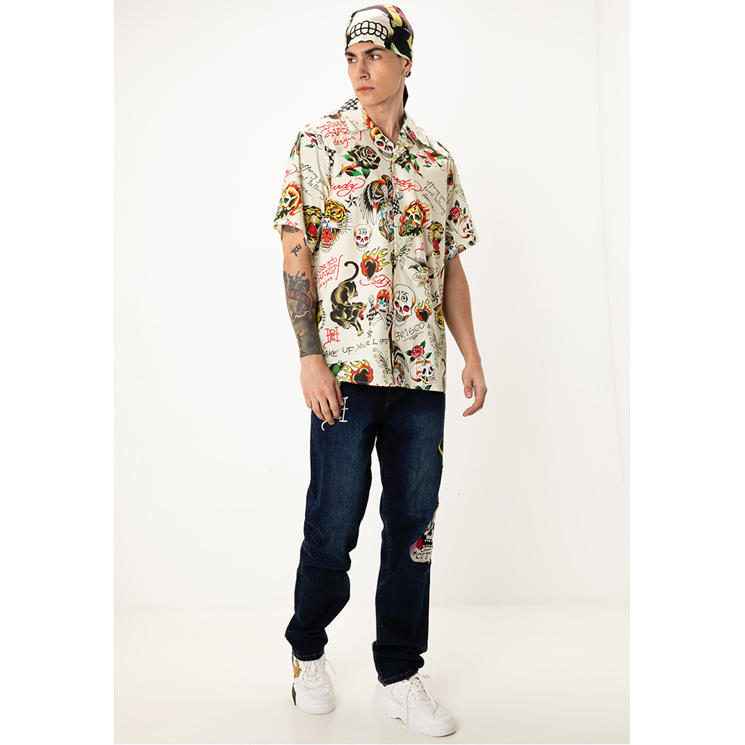 Signature Tattoos Full-Print Men Oversized Shirt-Ed Hardy Asia