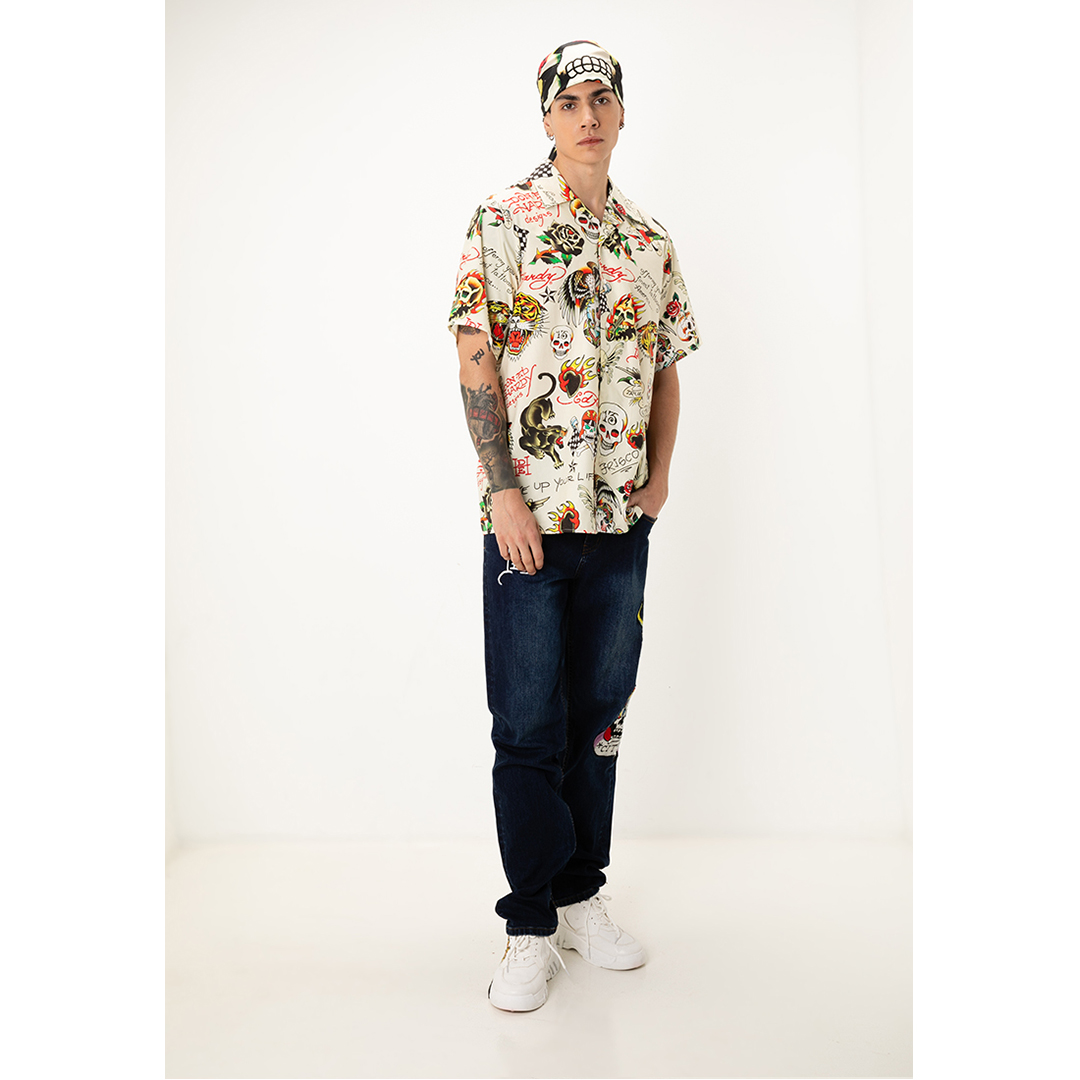 Signature Tattoos Full-Print Men Oversized Shirt-Ed Hardy Asia