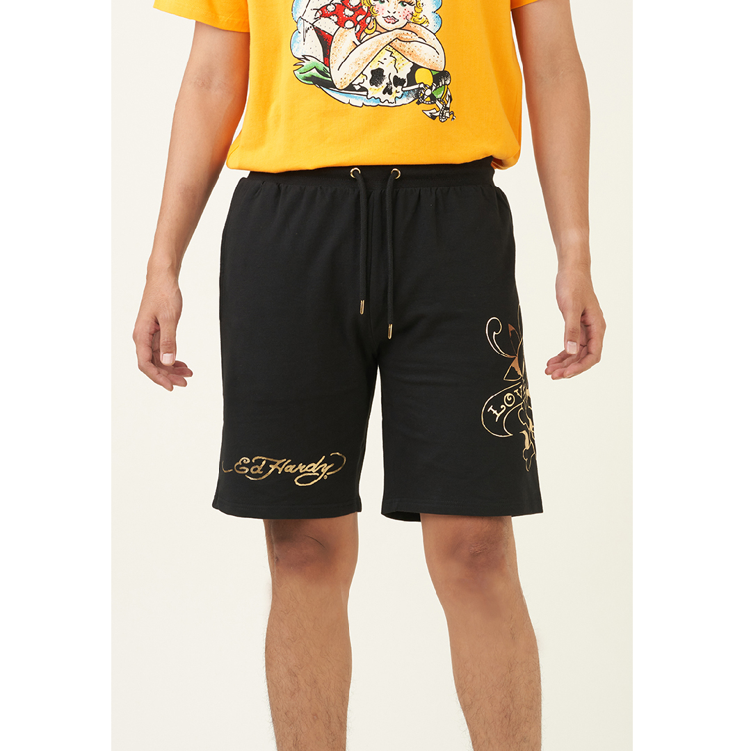 Men Golden L.K.S Skull Foil Print Short Pant-Ed Hardy Asia