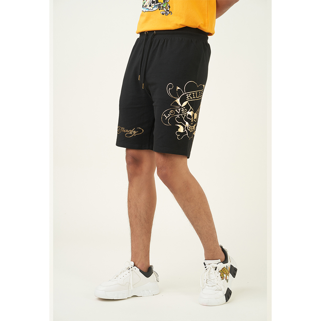 Men Golden L.K.S Skull Foil Print Short Pant-Ed Hardy Asia