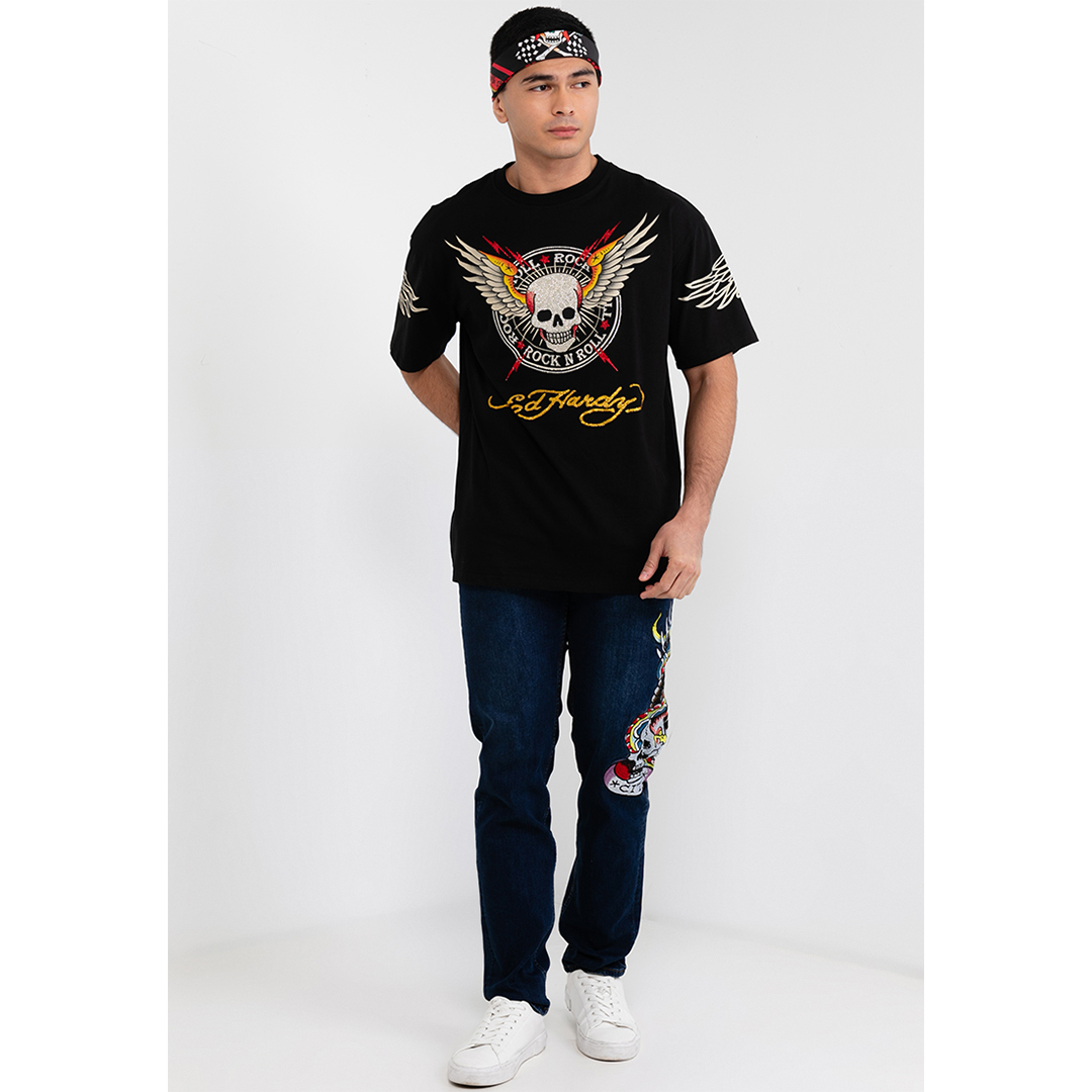 Rock & Roll Wings Skull Unisex Oversized Tee-Ed Hardy Asia