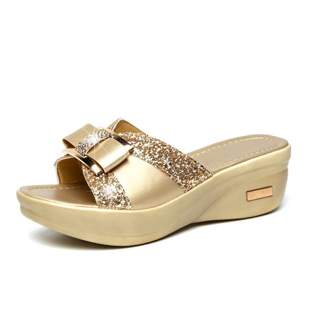 Healthy-foot شبشب أنيق للسيدات مزخرف بترتر لامع وفيونكة جميلة، مع كعب مائل بارتفاع 5 سم، متوفر بمقاسات كبيرة