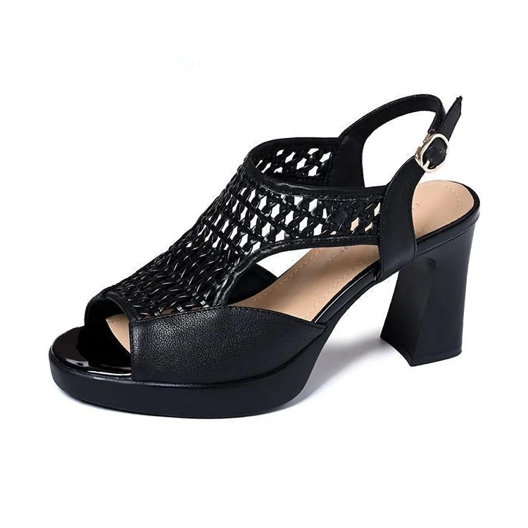 Healthy-foot  حذاء نسائي من الجلد الطبيعي مفتوح المقدمة منسوج باللون الأسود، كعب بارتفاع 7 سم، يعزز أناقتك وحضورك الجذاب-healthy-foot