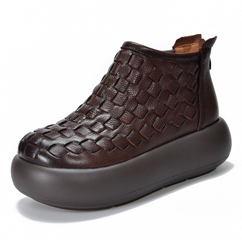 Healthy-foot حذاء بوت جلدي معتق بطول الكاحل وكعب عالٍ ومقدمة كلاسيكية مستديرة-healthy-foot