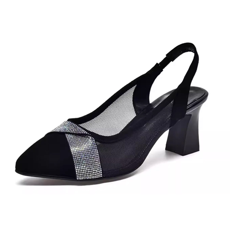 Healthy-foot حذاء نسائي أسود شبكي بكعب عالٍ، كعب مربع بارتفاع 3 سم، مزين بالأحجار اللامعة على مقدمة الحذاء، يتميز بالأناقة والفخامة، مناسب للمكتب أو الارتداء اليومي-healthy-foot