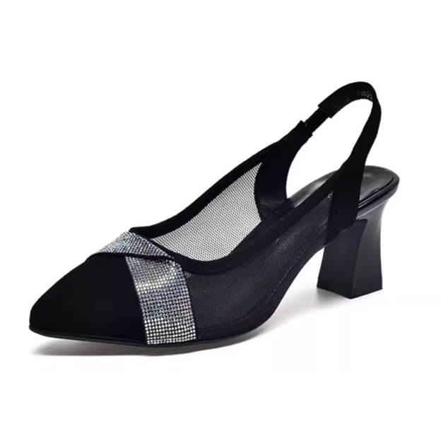 Healthy-foot حذاء نسائي أسود شبكي بكعب عالٍ، كعب مربع بارتفاع 3 سم، مزين بالأحجار اللامعة على مقدمة الحذاء، يتميز بالأناقة والفخامة، مناسب للمكتب أو الارتداء اليومي-healthy-foot