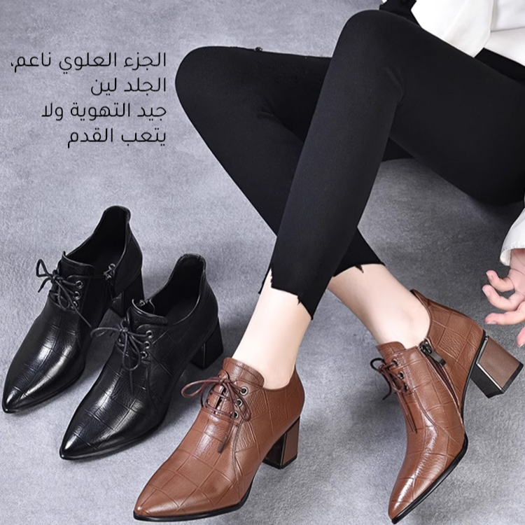 Healthy-foot  حذاء نسائي من الجلد الناعم بكعب سميك وتصميم مدبب يطيل خط الساق بشكل خفي، والكعب العريض يوفر الثبات دون اهتزاز، والرباط القابل للتعديل يتكيف مع مختلف أشكال القدم، مما يجعل ارتداءه أنيقًا ومريحًا في نفس الوقت-healthy-foot