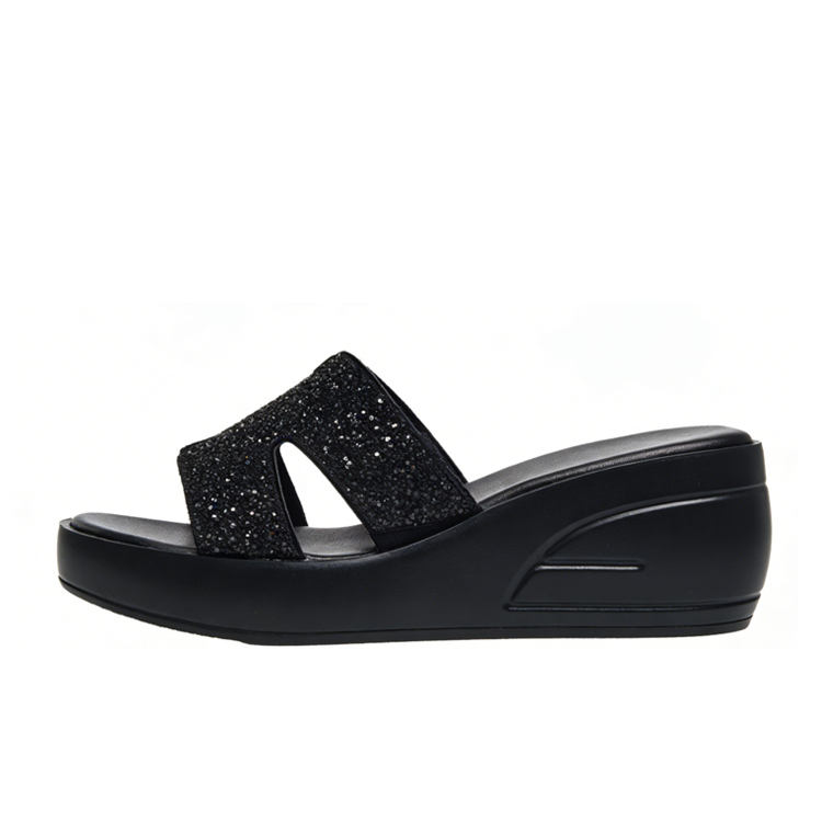 Healthy-foot صندل أسود مزخرف بأحجار لامعة، بكعب مائل بارتفاع 6 سم، ناعم ومريح، مثالي للارتداء اليومي  للنساء 
