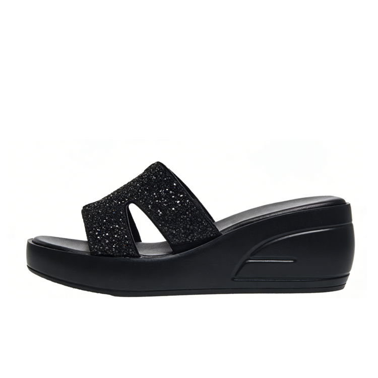 Healthy-foot صندل أسود مزخرف بأحجار لامعة، بكعب مائل بارتفاع 6 سم، ناعم ومريح، مثالي للارتداء اليومي  للنساء 