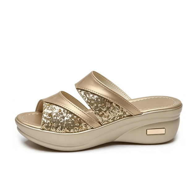 Healthy-foot صندل جديد للسيدات مع كعب مرتفع 5 سم مزين بالترتر، يعزز خط الساق ويجعلها تبدو أنحف، ونعل مريح للغاية مناسب للخروج