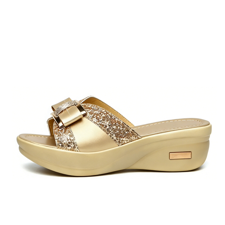 Healthy-foot شبشب أنيق للسيدات مزخرف بترتر لامع وفيونكة جميلة، مع كعب مائل بارتفاع 5 سم، متوفر بمقاسات كبيرة