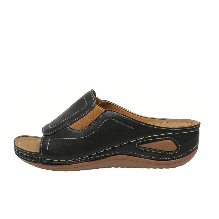 Healthy-foot صندل جلدي نسائي مفتوح المقدمة بكعب منحدر، نعل ناعم، ارتفاع الكعب 5.5 سم، سهل الارتداء والخلع، مثالي للاستخدام اليومي