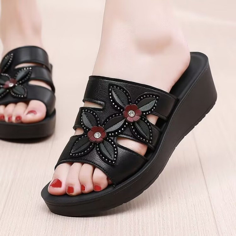 Healthy-foot (ضمان استرجاع في حالة الضيق) شبشب أمهات بكعب ويدج بتصميم كلاسيكي ومقاوم للانزلاق