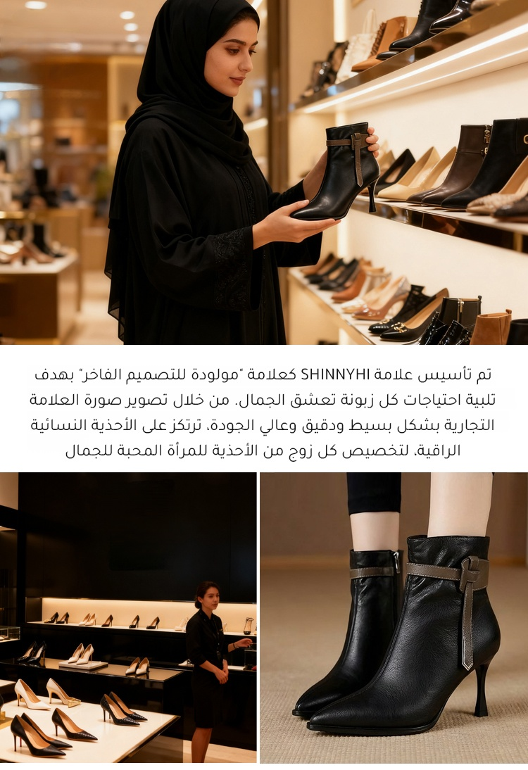 حذاء كعب عالي نسائي جلد طبيعي أسود