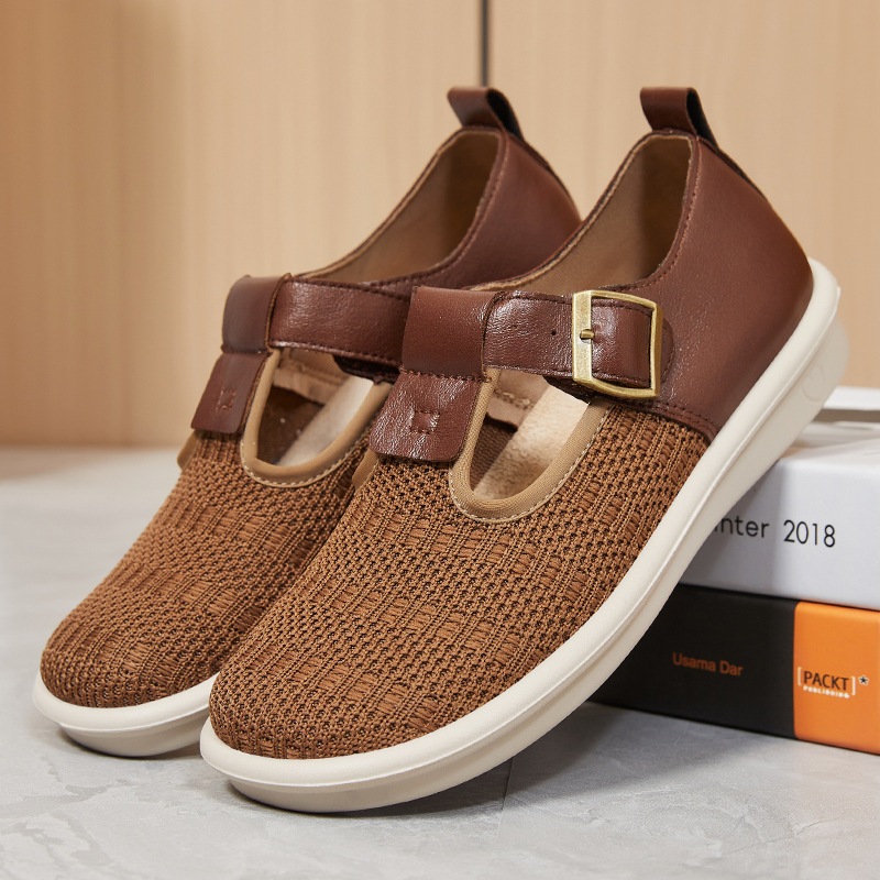 Healthy-foot حذاء محبوك مريح للسيدات بتصميم عريض مع إبزيم معدني مربع، ناعم وقابل للتنفس، مناسب للخروج أو للارتداء اليومي-healthy-foot