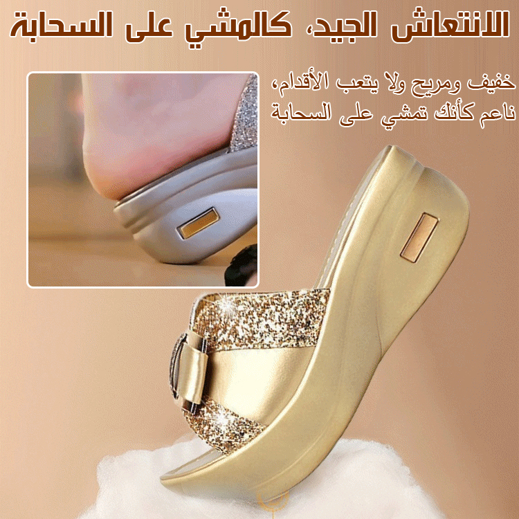 Healthy-foot شبشب أنيق مزين بترتر براق وزينة على شكل فيونكة بكعب ويدج