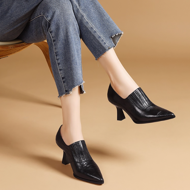 Healthy-foot حذاء جلد راقي إيطالي بكعب عريض للنساء 