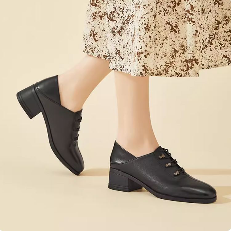 Healthy-foot حذاء راقي جلدي بأزرار عصرية وكعب عريض ورباط حذاء مطاطي، مصمم خصيصا للأمهات