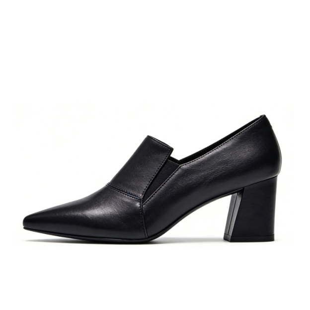 Healthy-foot حذاء نسائي بكعب عالي أسود من الجلد الطبيعي بمقدمة مدببة وكعب سميك، كعب 7 سم، لزيادة الطول وجعل الساقين تبدو أنحف، متوفر بمقاسات كبيرة.