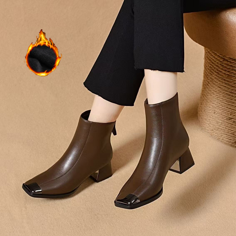 Healthy-foot حذاء كاحل نسائي عصري من الجلد الطبيعي، كعب عالي 6 سم، مقدمة مربعة معدنية، يطيل القدمين بصريًا ويجعلها أنحف، متعدد الاستخدامات وأنيق-healthy-foot