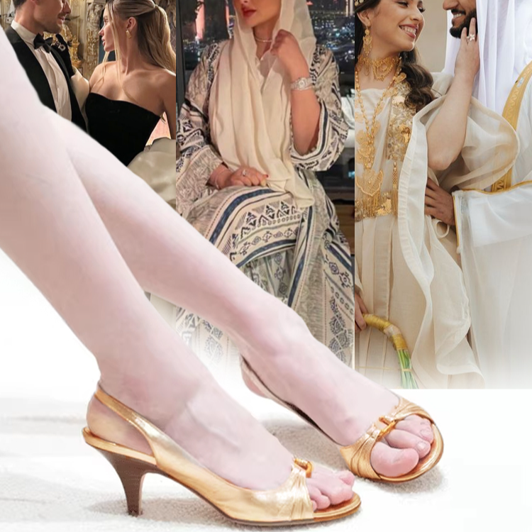 Healthy-foot حذاء بكعب عالٍ ذهبي أنيق بتصميم فرنسي وأحزمة مستقيمة-healthy-foot