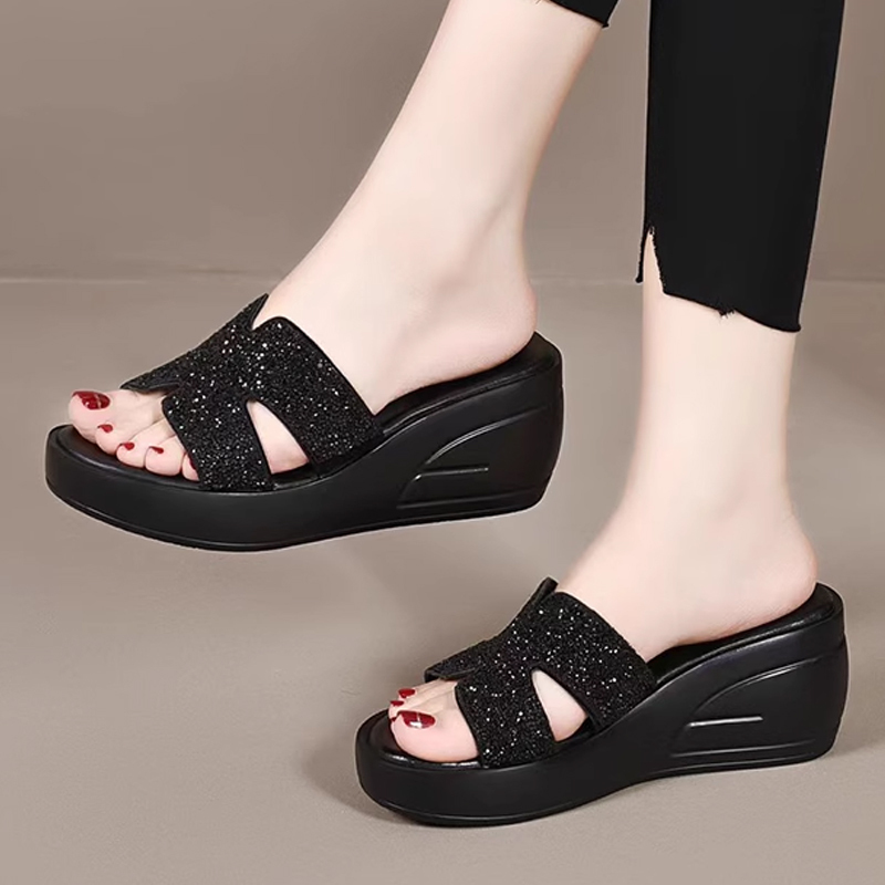 Healthy-foot صندل أسود مزخرف بأحجار لامعة، بكعب مائل بارتفاع 6 سم، ناعم ومريح، مثالي للارتداء اليومي  للنساء -healthy-foot