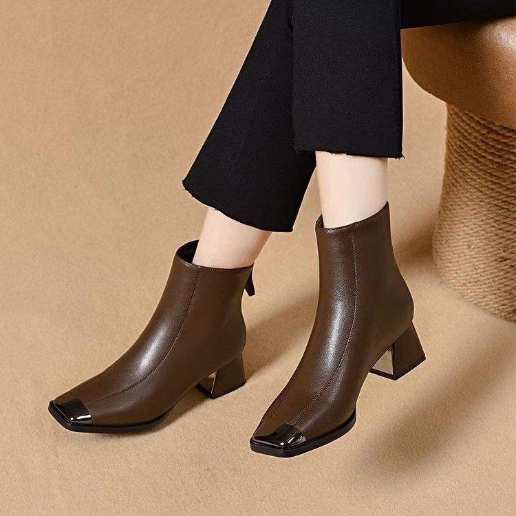 Healthy-foot حذاء كاحل نسائي عصري من الجلد الطبيعي، كعب عالي 6 سم، مقدمة مربعة معدنية، يطيل القدمين بصريًا ويجعلها أنحف، متعدد الاستخدامات وأنيق-healthy-foot