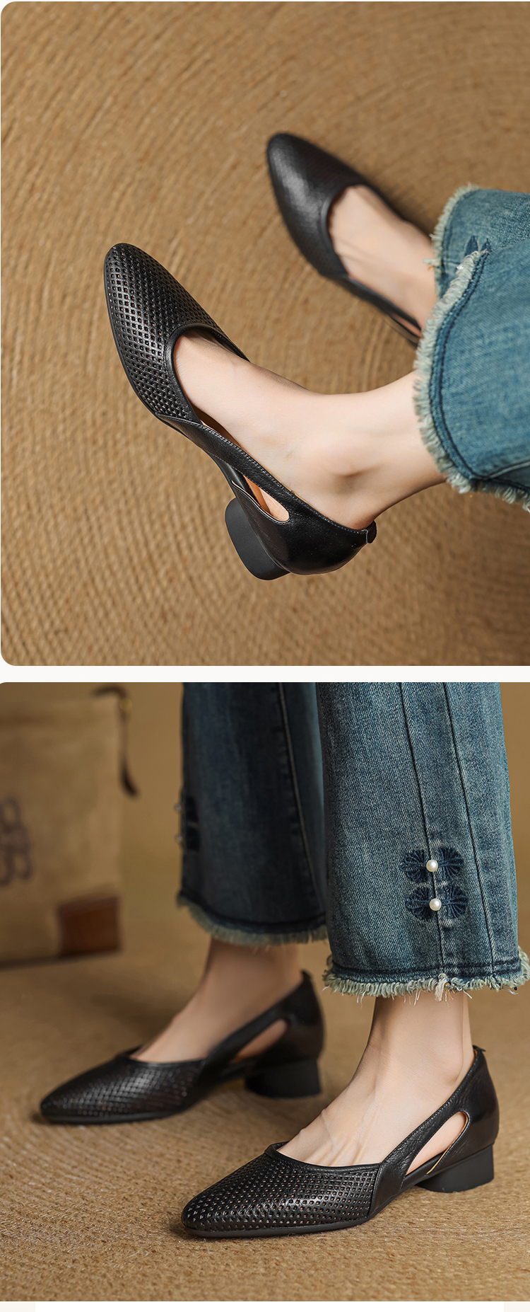 أحذية نسائية رسمية بكعب منخفض جلد أصلي