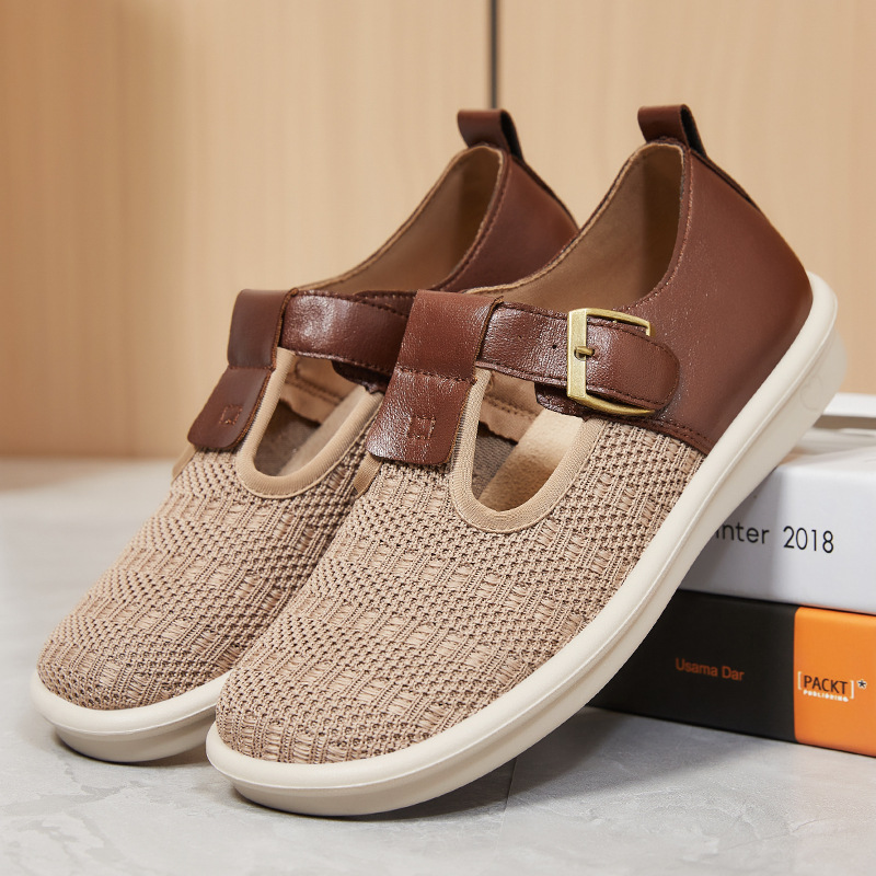 Healthy-foot حذاء محبوك مريح للسيدات بتصميم عريض مع إبزيم معدني مربع، ناعم وقابل للتنفس، مناسب للخروج أو للارتداء اليومي-healthy-foot