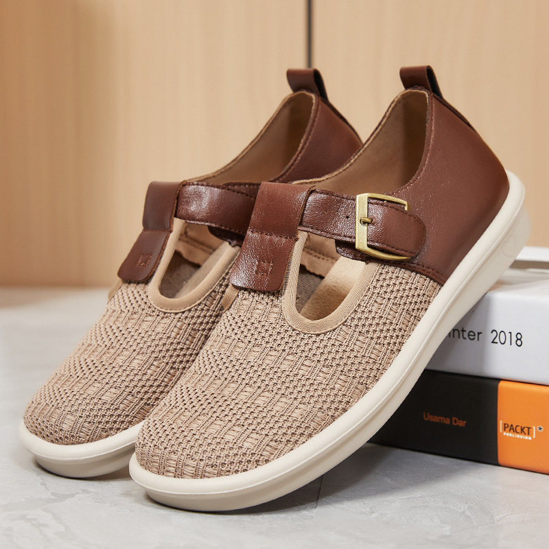 Healthy-foot حذاء محبوك مريح للسيدات بتصميم عريض مع إبزيم معدني مربع، ناعم وقابل للتنفس، مناسب للخروج أو للارتداء اليومي-healthy-foot