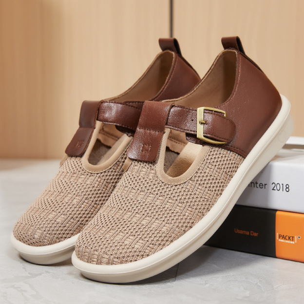 Healthy-foot حذاء محبوك مريح للسيدات بتصميم عريض مع إبزيم معدني مربع، ناعم وقابل للتنفس، مناسب للخروج أو للارتداء اليومي-healthy-foot