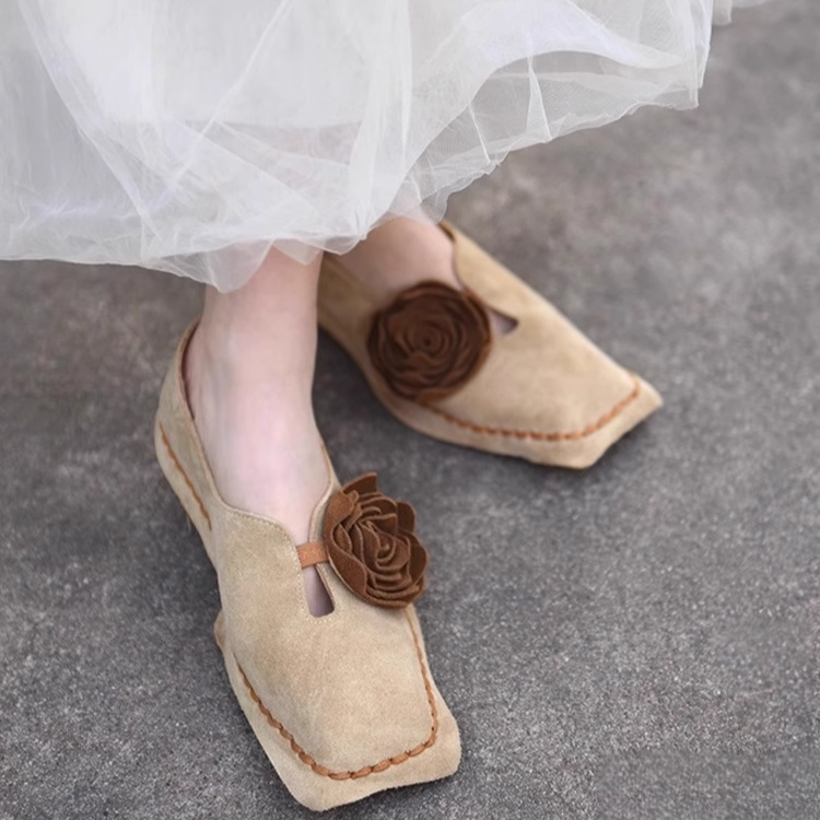 Healthy-foot [تصميم فرنسي كلاسيكي] حذاء نسائي جلدي مصنوع يدويًا بمقدمة مربعة مزين بزهرة الكاميليا-healthy-foot