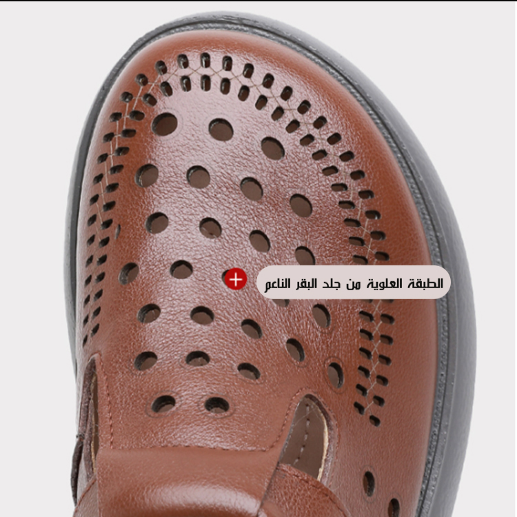 Healthy-foot  صنادل نسائية مريحة وجيدة التهوية، بمقدمة مستديرة، مصنوعة من جلد البقر، بكعب 5.5 سم. تصميمها المفتوح على الجزء العلوي يضفي عليها لمسة أنيقة وجذابة، ما يجعلها خيارًا عمليًا ومتعدد الاستخدامات-healthy-foot