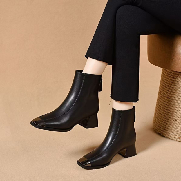 Healthy-foot حذاء كاحل نسائي عصري من الجلد الطبيعي، كعب عالي 6 سم، مقدمة مربعة معدنية، يطيل القدمين بصريًا ويجعلها أنحف، متعدد الاستخدامات وأنيق-healthy-foot