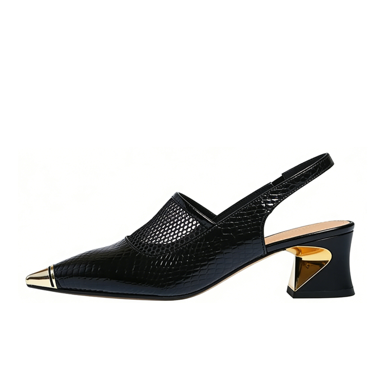 Healthy-foot حذاء راقي من جلد وقماش شبكي بكعب عالٍ ومقدمة مدببة مغطاة بلون ذهبي(توفير راحة لا مثيل لها)