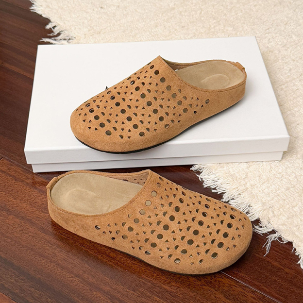 Healthy-foot صندل نسائي مفرغ مع مقدمة مستديرة ومفتوح من الخلف، كعب منخفض 3.5 سم، بطانة داخلية ناعمة للغاية توفر راحة قصوى، لا تسبب التعب حتى بعد الوقوف لفترات طويلة-healthy-foot