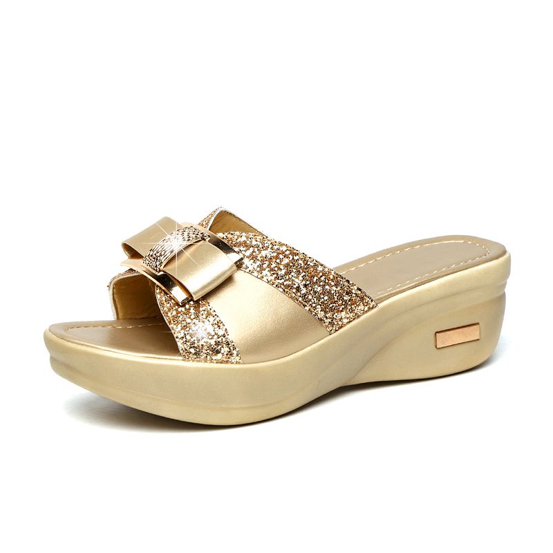 Healthy-foot شبشب أنيق مزين بترتر براق وزينة على شكل فيونكة بكعب ويدج