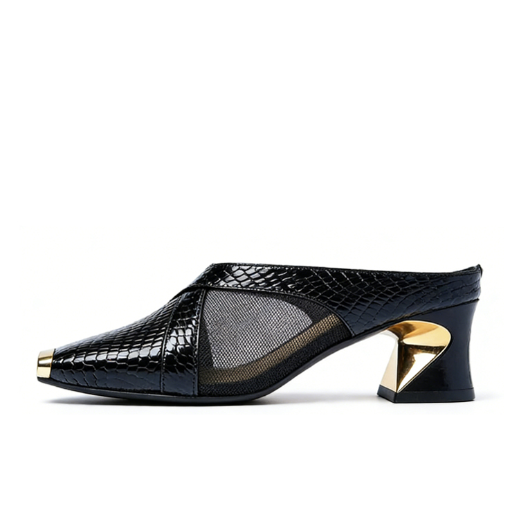 Healthy-foot حذاء عالي بكعب 5 سم بتصميم رأس ثعبان مع إكسسوار معدني أنيق، يطيل الساقين بأناقة ويناسب جميع الإطلالات